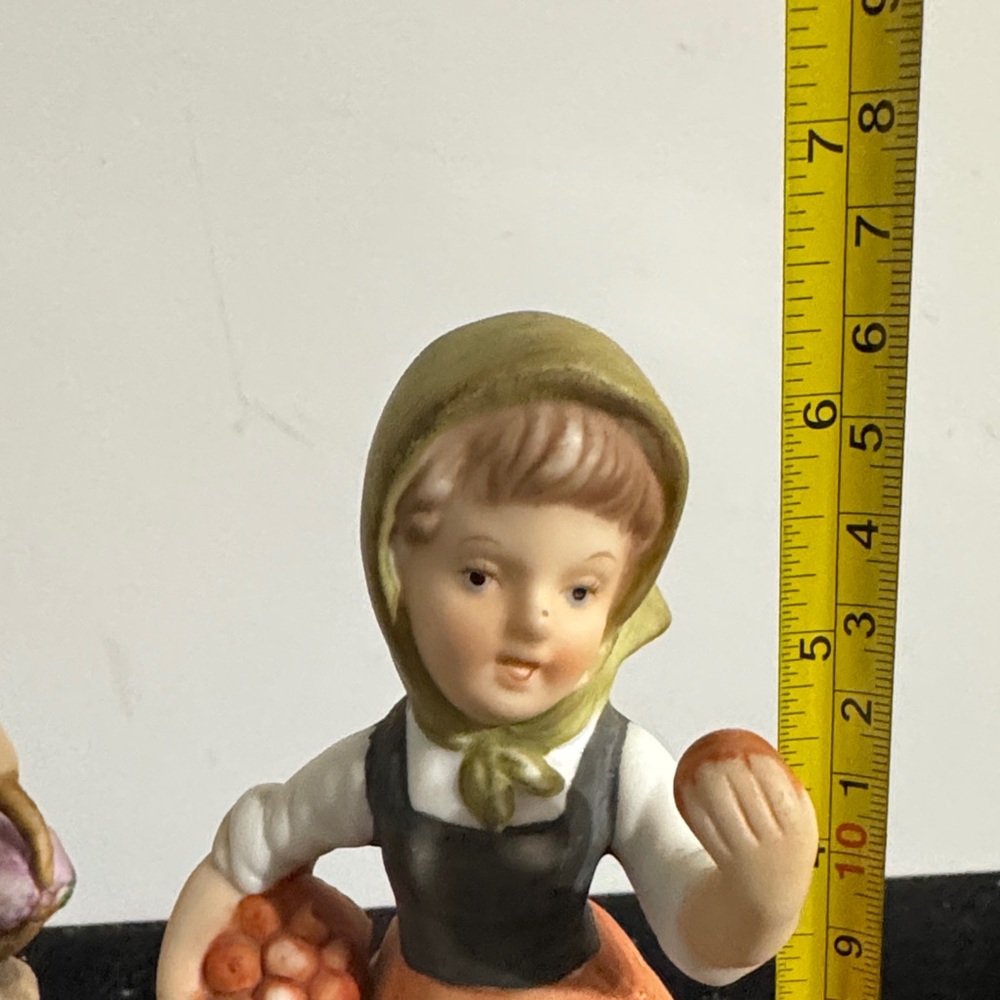 vintage hand-painted porcelain figurines of a boy and girl carrying baskets. - Picture 13 of 16